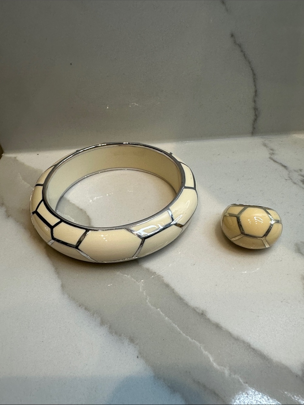 Cream Enamel Bangle and Ring Set